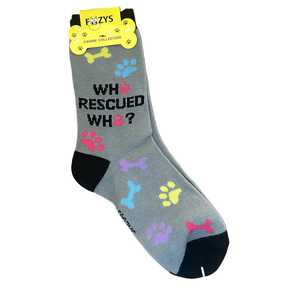 NWT Foozys Grey Crew Length Dog-Themed Who Rescued Who Socks Women's One Size